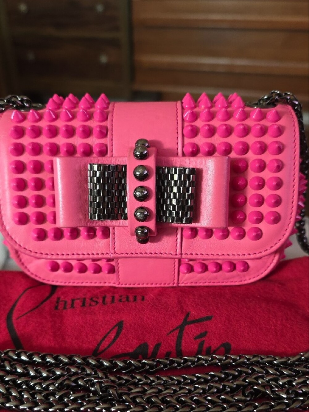 Christian Louboutin "Sweet Charity" Hot Pink Spike-Trim Bow Crossbody Bag 💖